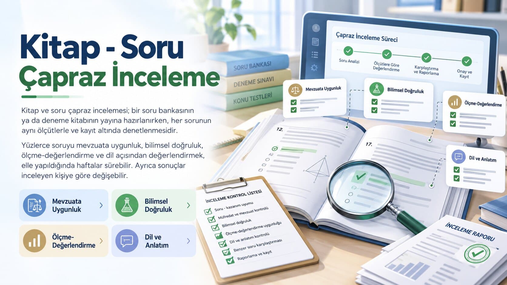 Turkish-language infographic of the book–question cross-review process: question analysis, evaluation, comparison and reporting, approval and recording